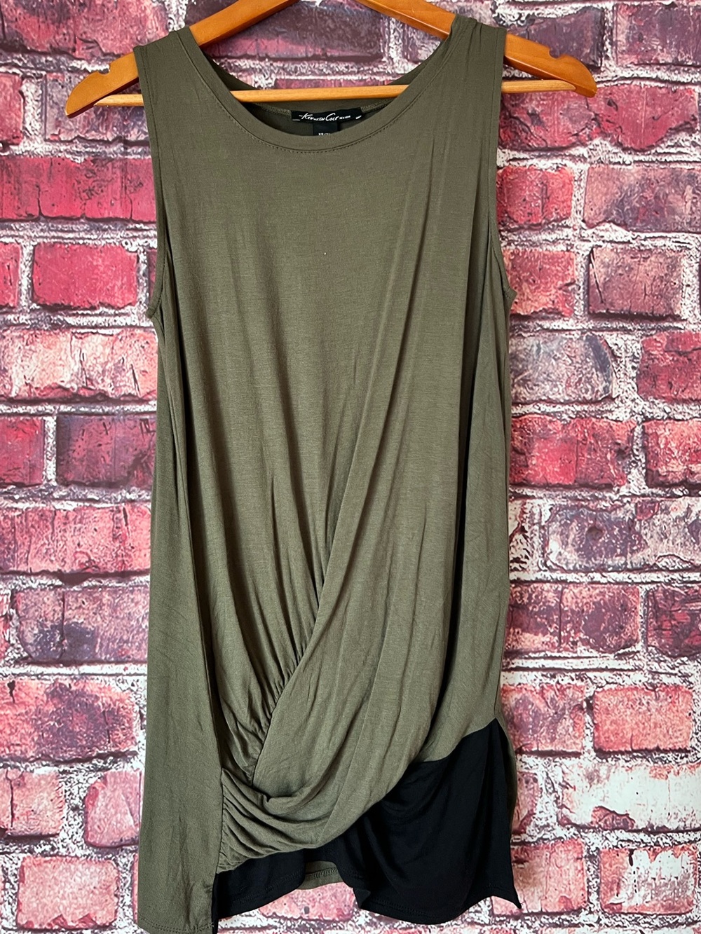 Kenneth Cole New York Olive Green Draped Sleeveless Tunic with Black Hem
